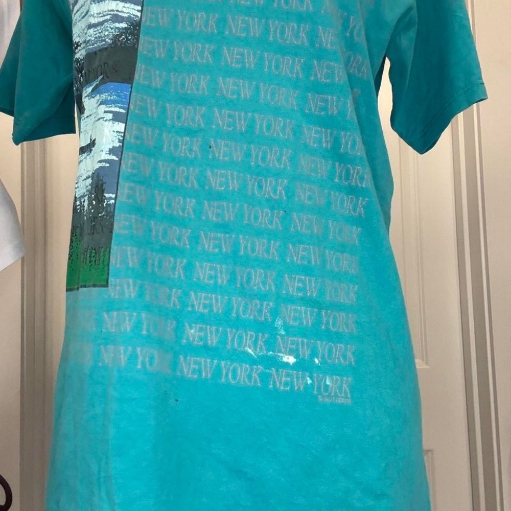 Vintage Jerzees New York Graphic Tee USA Made Teal 90s‎ NYC Shirt M - Picture 3 of 5